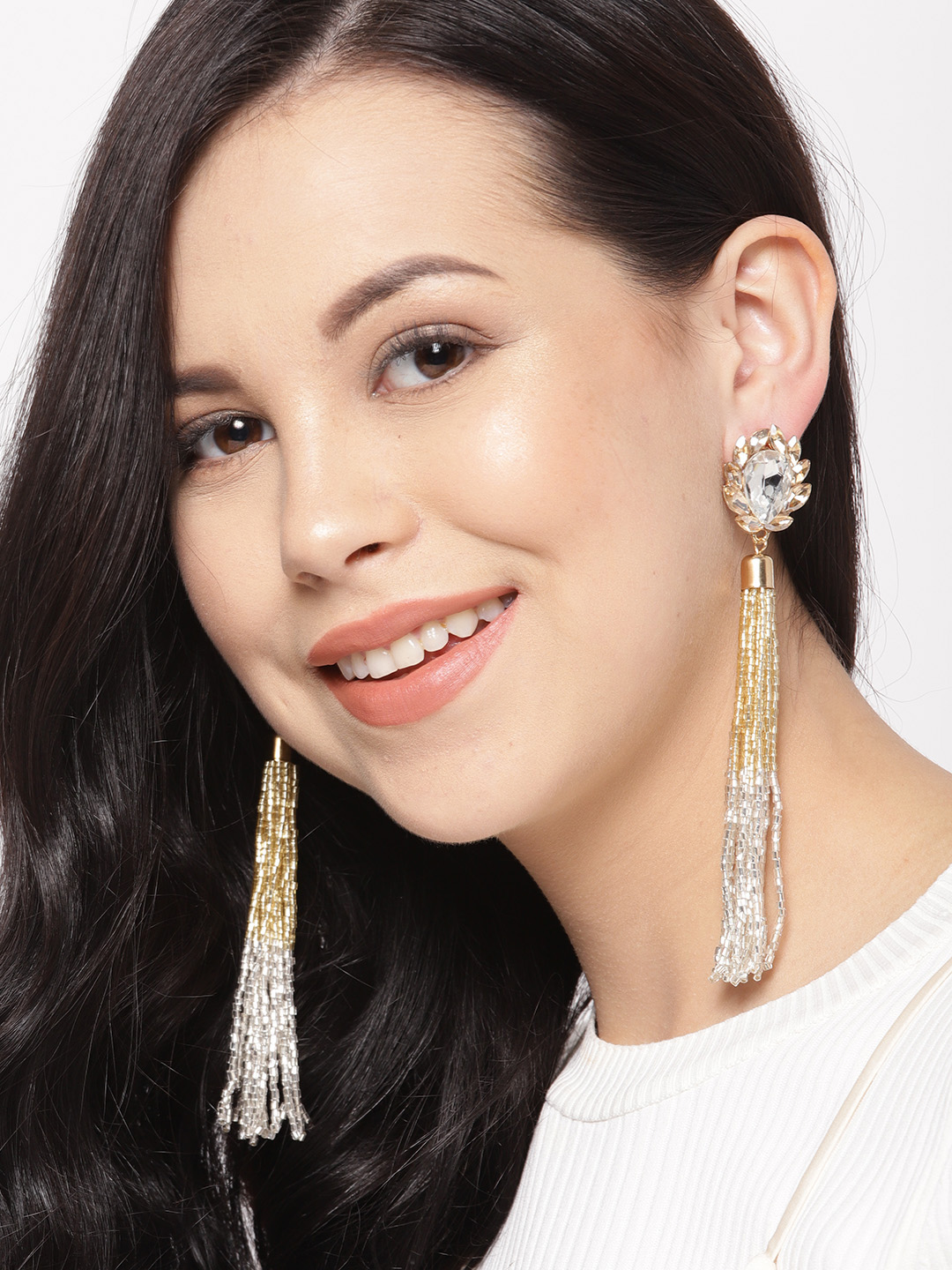 YouBella Silver-Toned Gold-Plated Tasselled Contemporary Drop Earrings